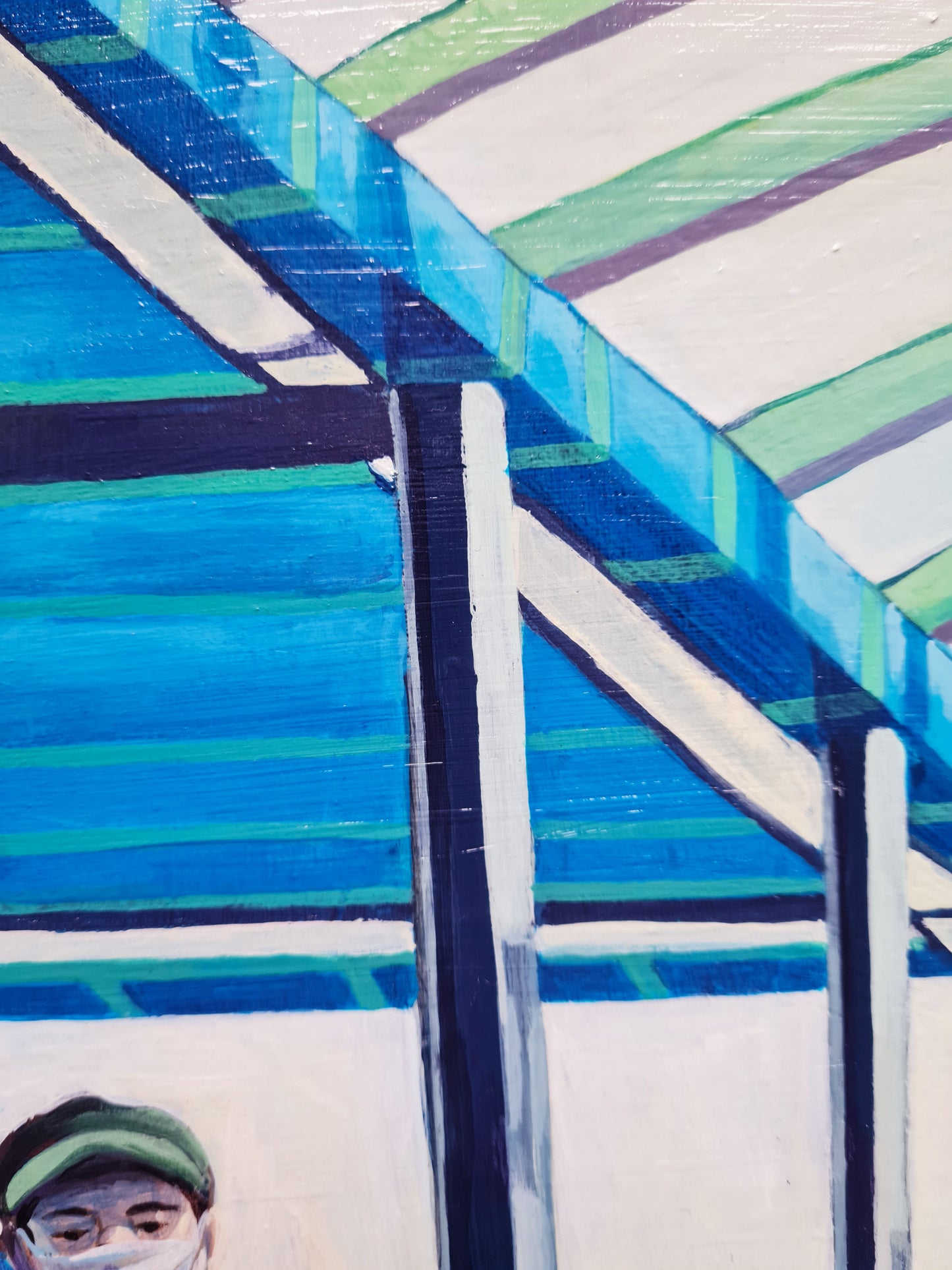 Auf der Rolltreppe – Acrylmalerei auf Holzpanel - Hermannstraße Geländer