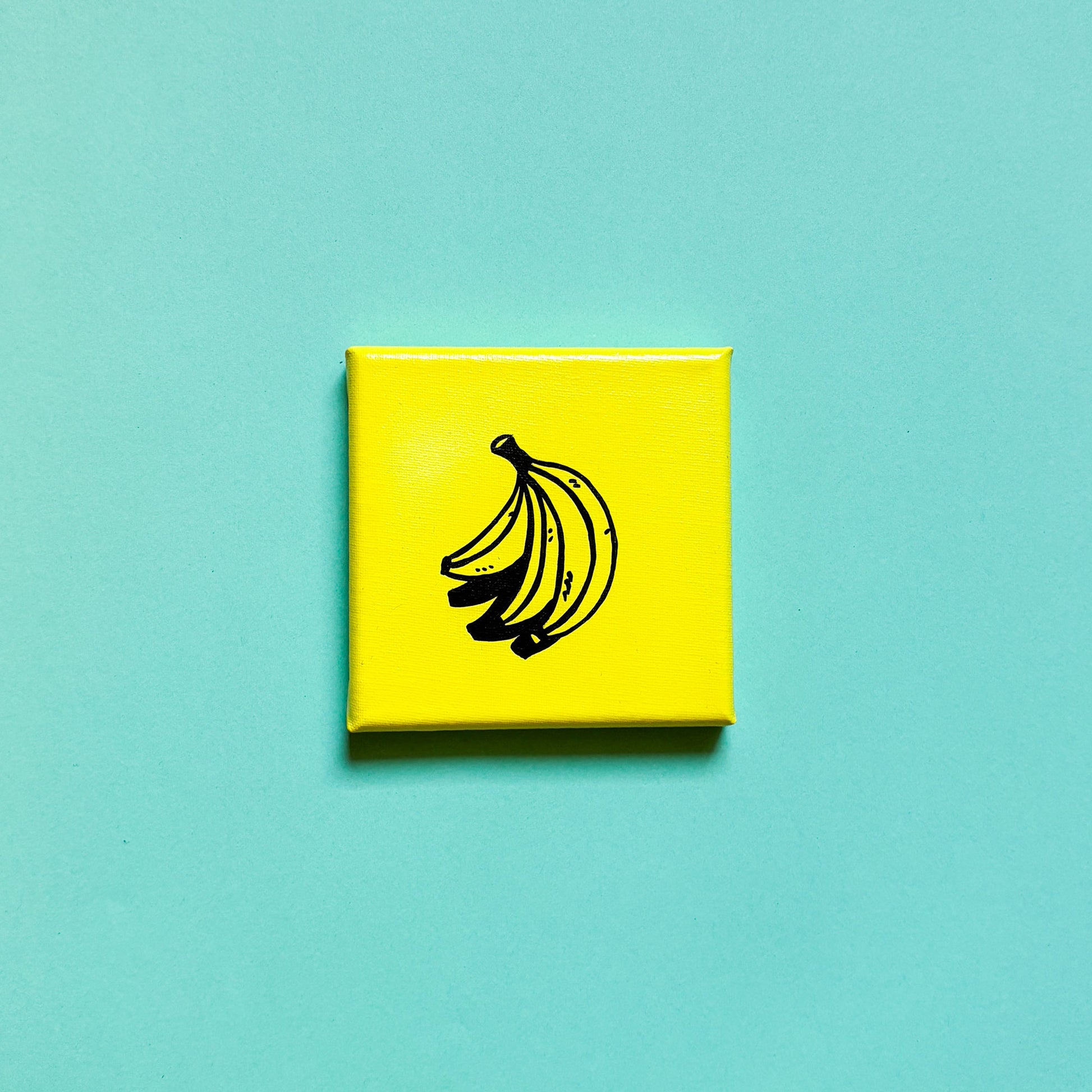 Berliner Kunst | Bananen | Berliner Icon | Mini Acrylbild 10x10 | Handgemaltes Unikat aus Berlin auf Leinwand | gelber Hintergrund mit schwarzen Linien