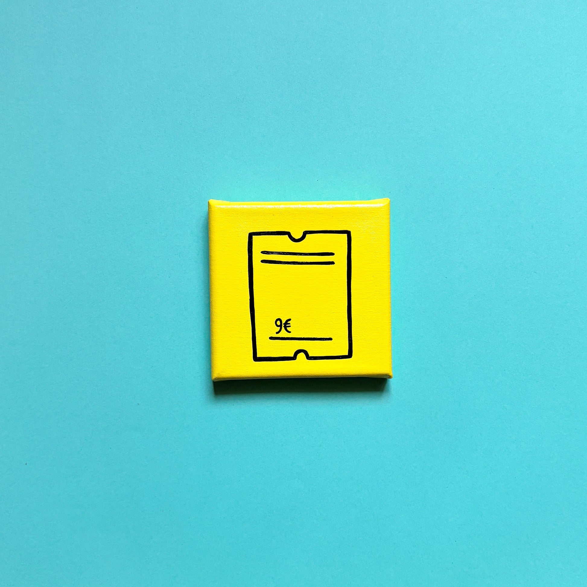 Berliner Kunst | 9€ Ticket | BVG Icon | Mini Acrylbild 10x10 | Handgemaltes Unikat aus Berlin auf Leinwand | gelber Hintergrund mit schwarzen und roten Linien