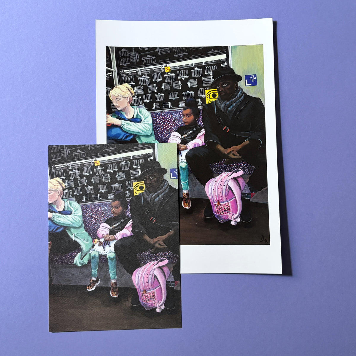 Kunstdruck A4 einer Berliner U-Bahn Szene aus dem Originalgemälde „Der Pinke Glitzer Rucksack“ plus kleineren Kunstdruck ca A5
