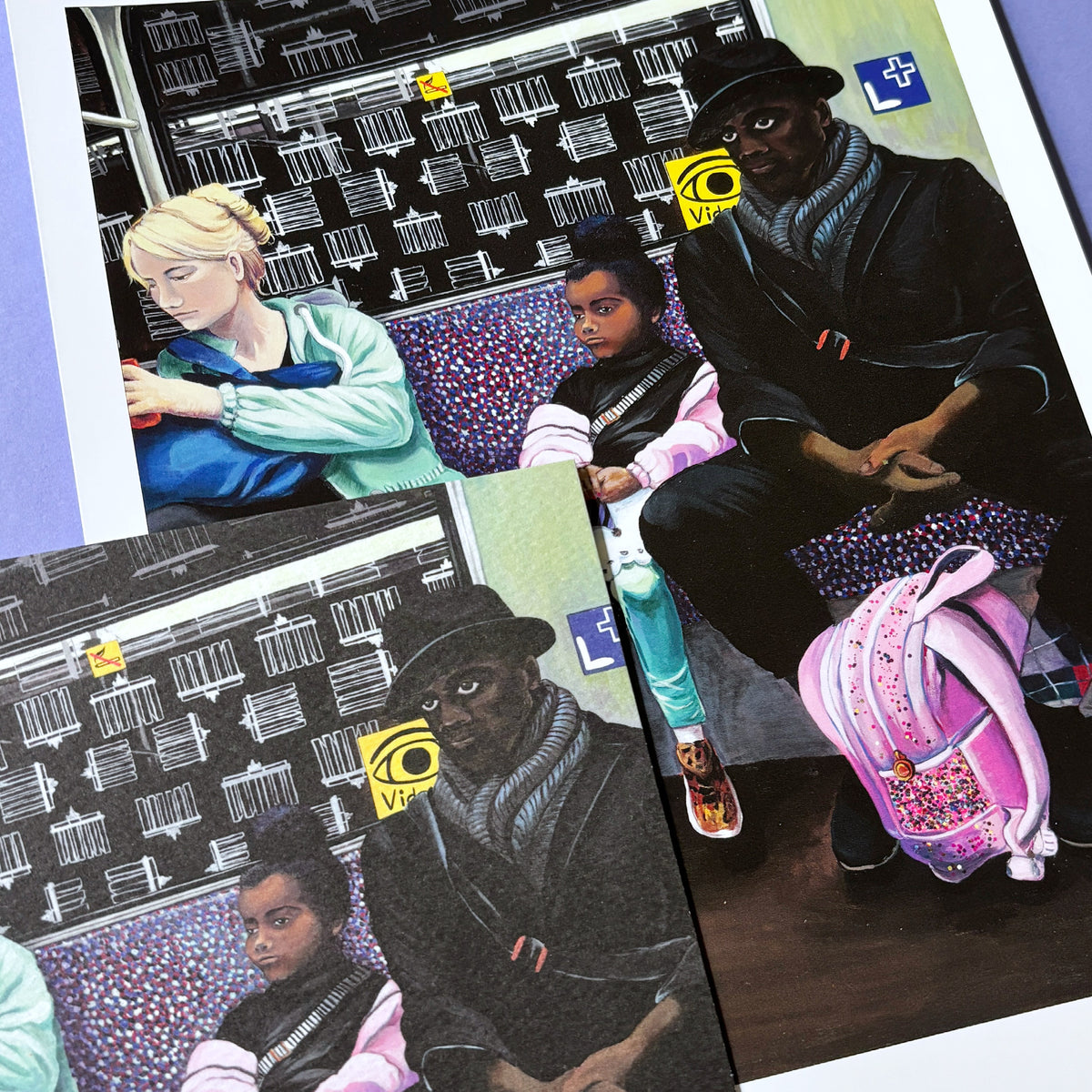 Kunstdruck A4 einer Berliner U-Bahn Szene aus dem Originalgemälde „Der Pinke Glitzer Rucksack“ plus kleineren Kunstdruck ca A5