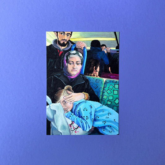 Kunstdruck A5 einer Berliner U-Bahn Szene aus dem Originalgemälde „Mutter & Tochter“.
