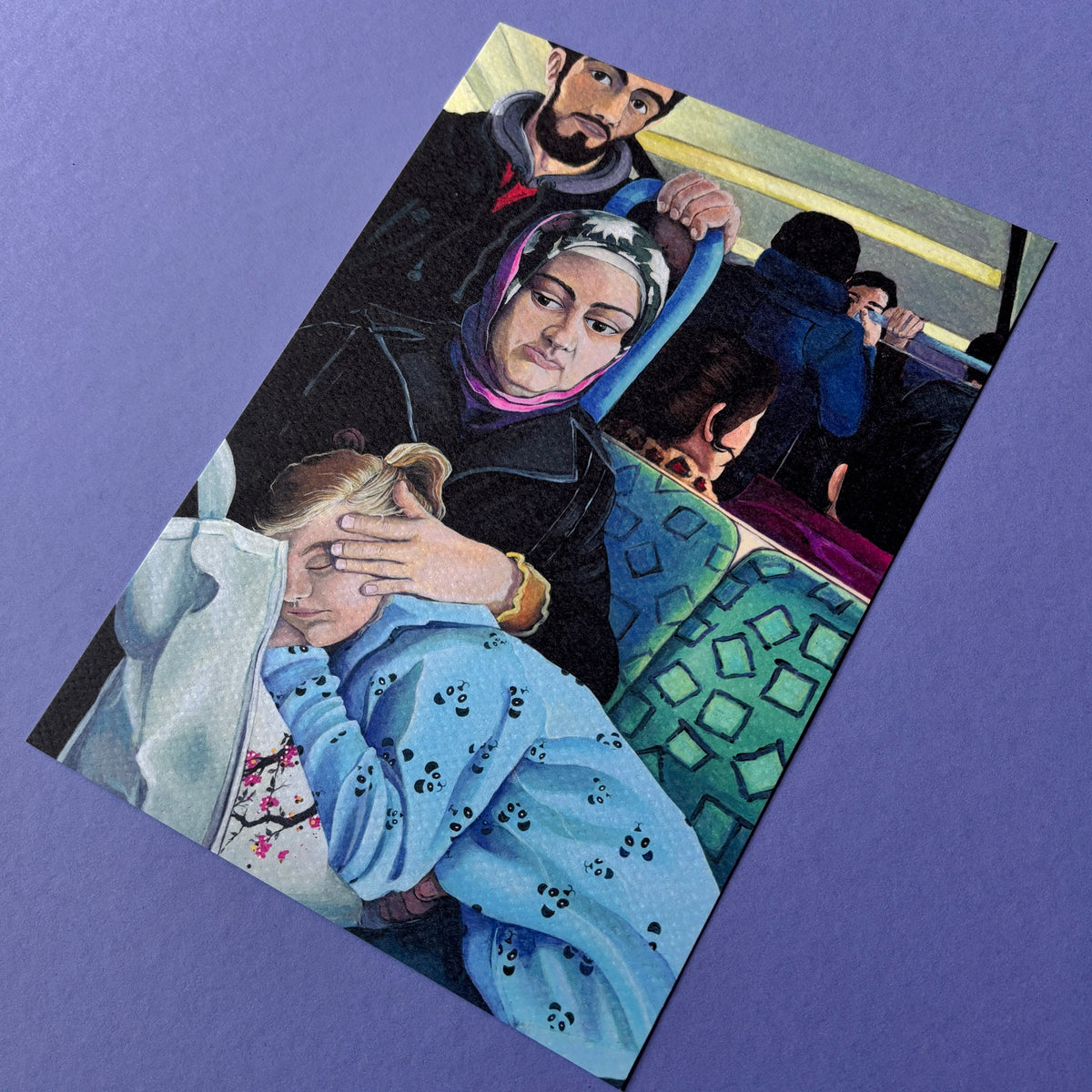 Nahaufnahme. Kunstdruck einer Berliner U-Bahn Szene aus dem Originalgemälde „Mutter & Tochter“. 