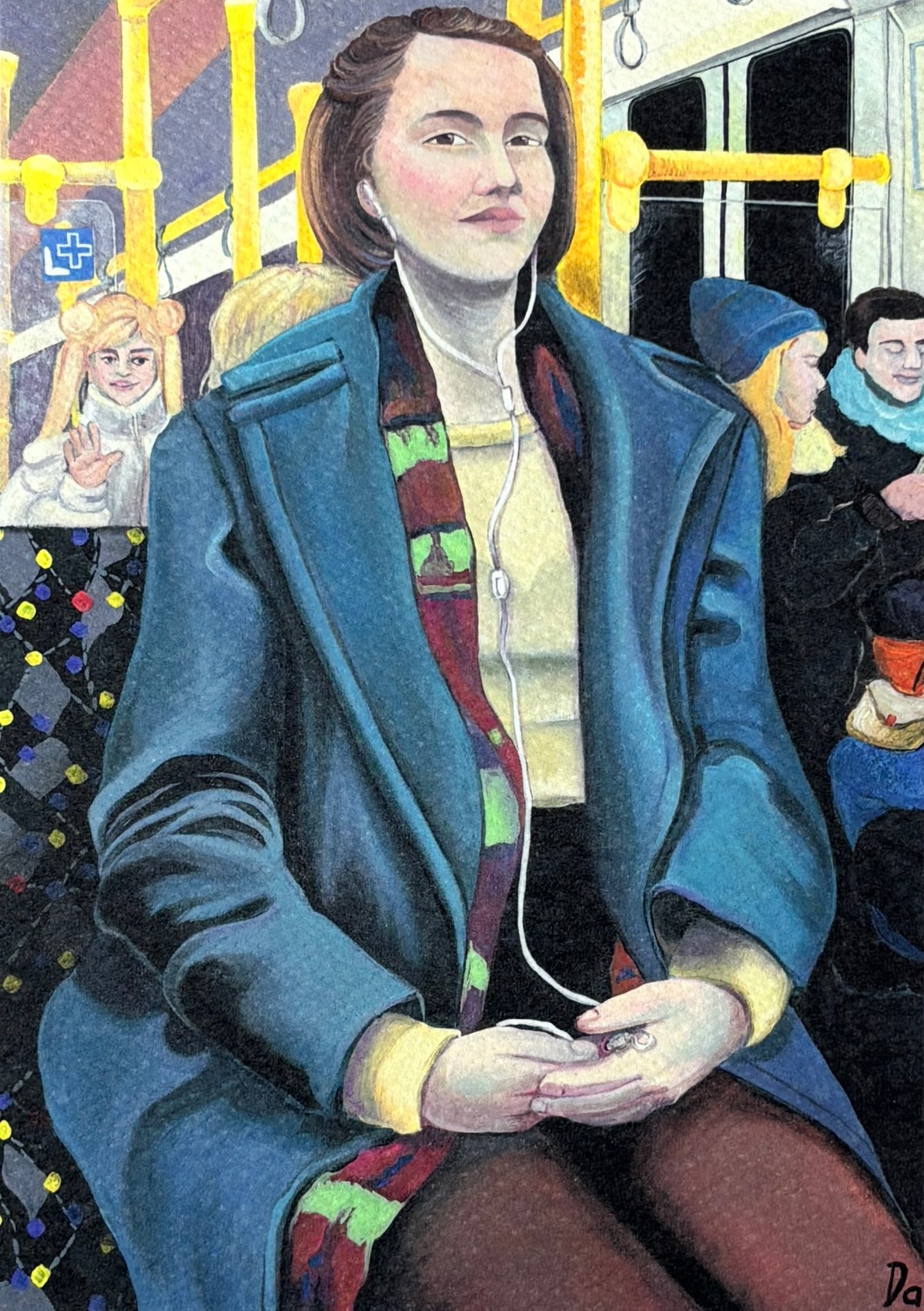 Kunstdruck A5 einer Berliner U-Bahn Szene aus dem Originalgemälde „Die Frau im Minirock mit Sailor Moon im Hintergrund“. Im Ganzen