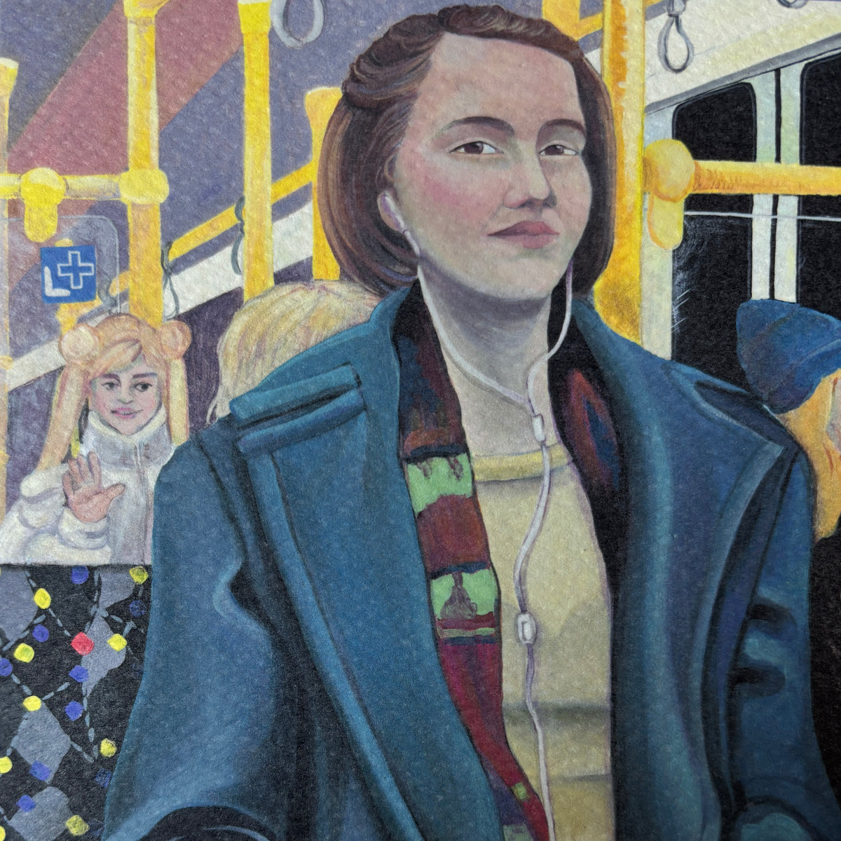 Kunstdruck A5 einer Berliner U-Bahn Szene aus dem Originalgemälde „Die Frau im Minirock mit Sailor Moon im Hintergrund“. Ausschnitt Gesicht