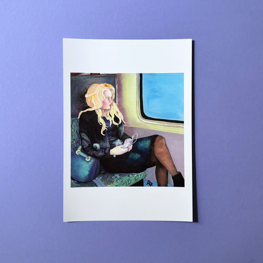 Kunstdruck A4. Blonde junge Frau in der Berliner U-Bahn als expressionistischer Kunstdruck.