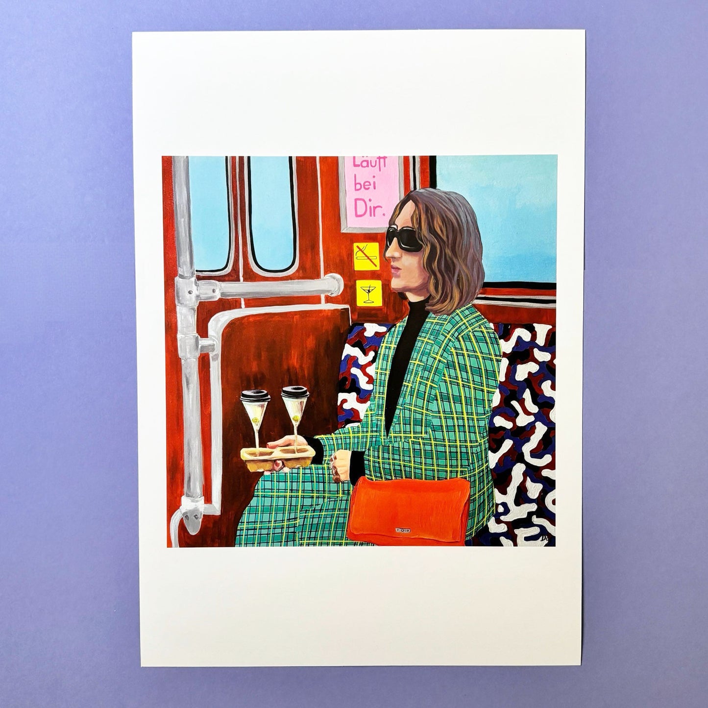 Kunstdruck A3. Frau mit zwei Martinigläsern in der Berliner U-Bahn, dargestellt als farbintensiver Kunstdruck im expressionistischen Stil.
