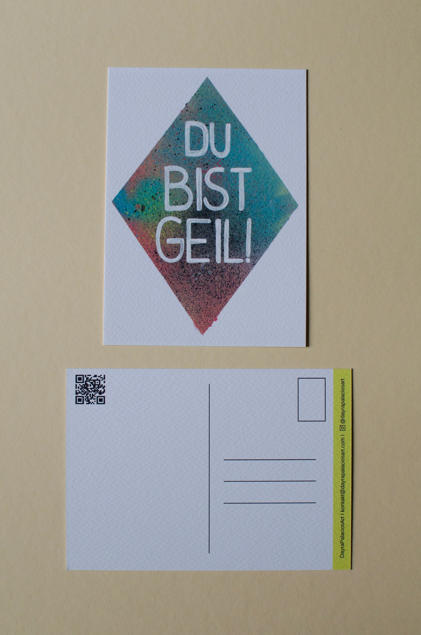 Kunstpostkarte, mit Aufschrift - Du bist geil! - bunter Hintergrund