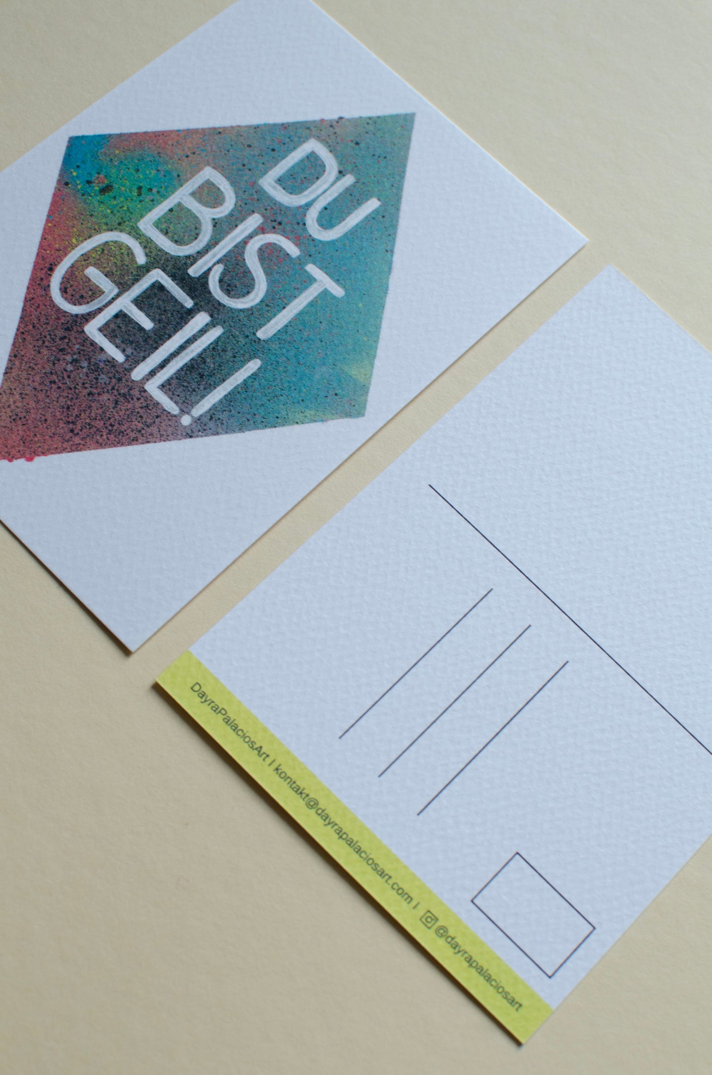 Kunstpostkarte, mit Aufschrift - Du bist geil! - bunter Hintergrund