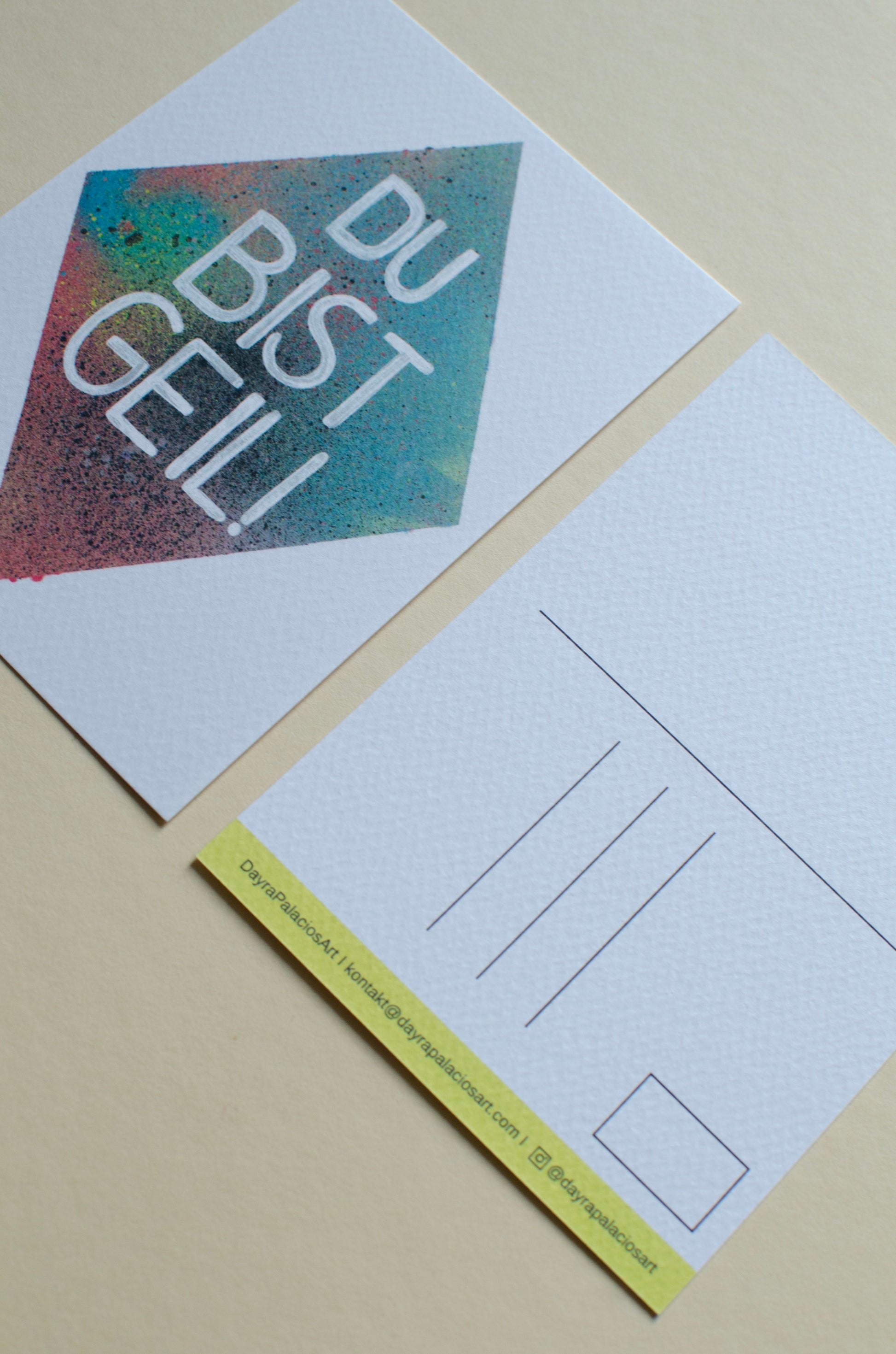 Kunstpostkarte, mit Aufschrift - Du bist geil! - bunter Hintergrund