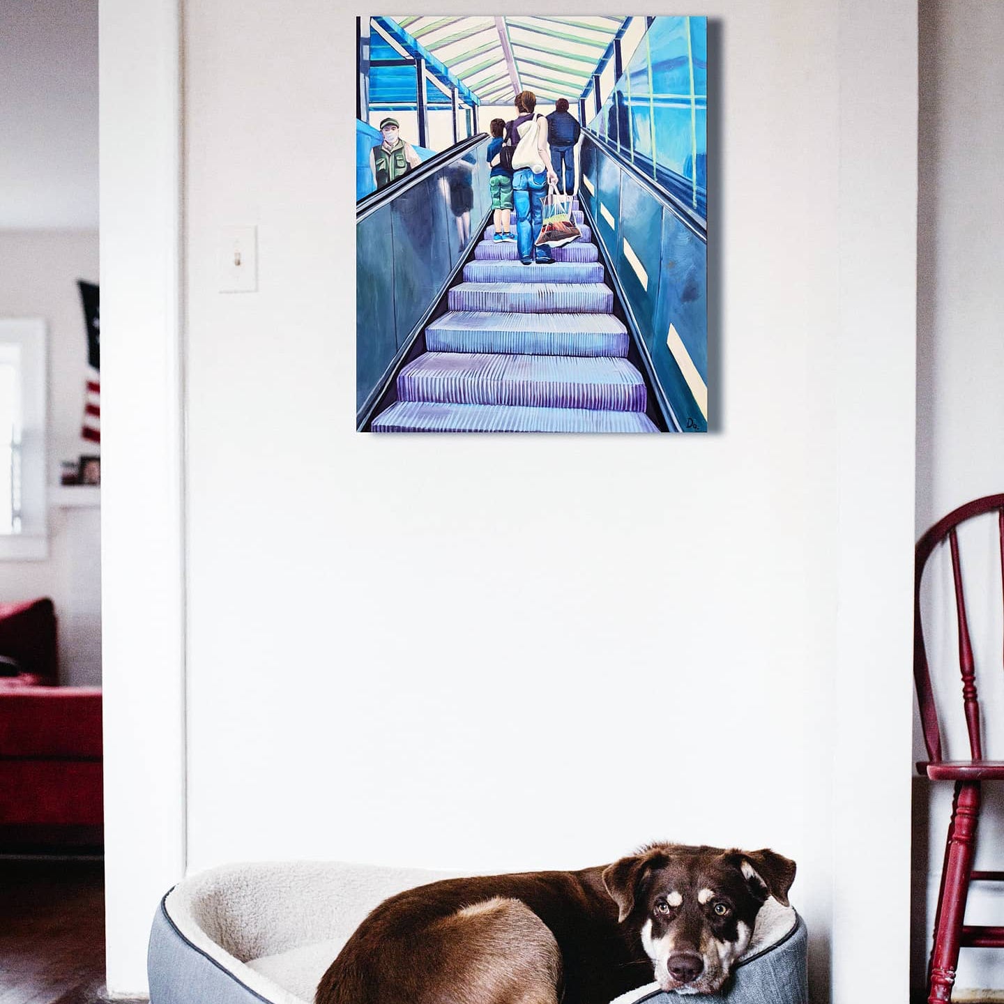 Auf der Rolltreppe – Acrylmalerei auf Holzpanel - Berliner Szene