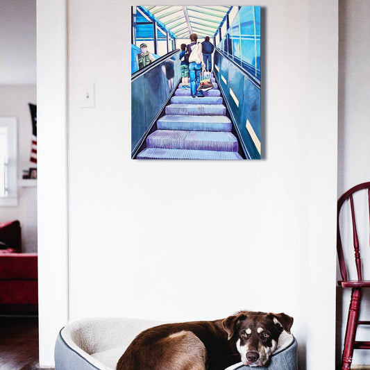 Auf der Rolltreppe – Acrylmalerei auf Holzpanel - Berliner Szene