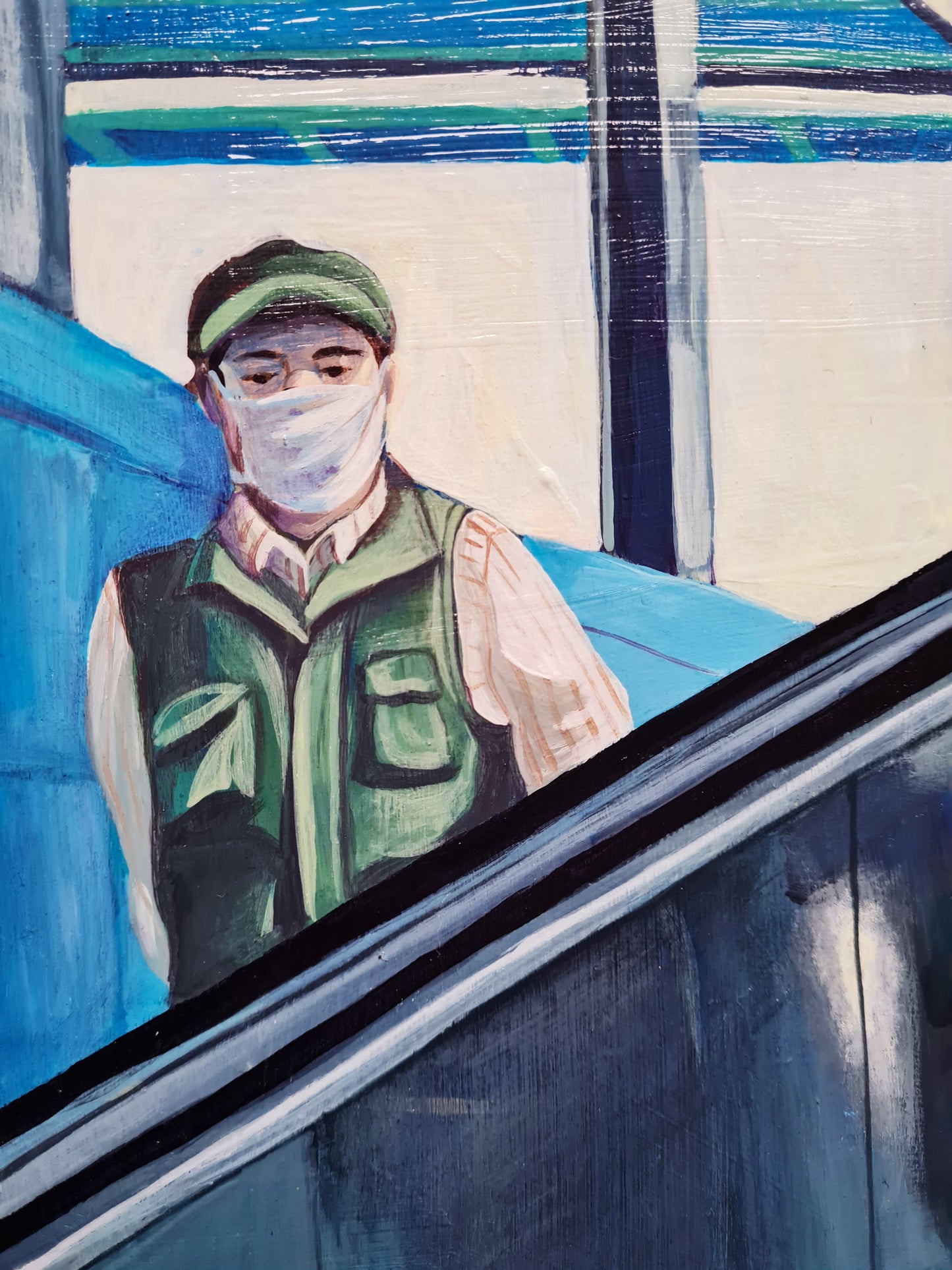 Auf der Rolltreppe – Acrylmalerei auf Holzpanel - Nahaufnahme Mann mit Maske