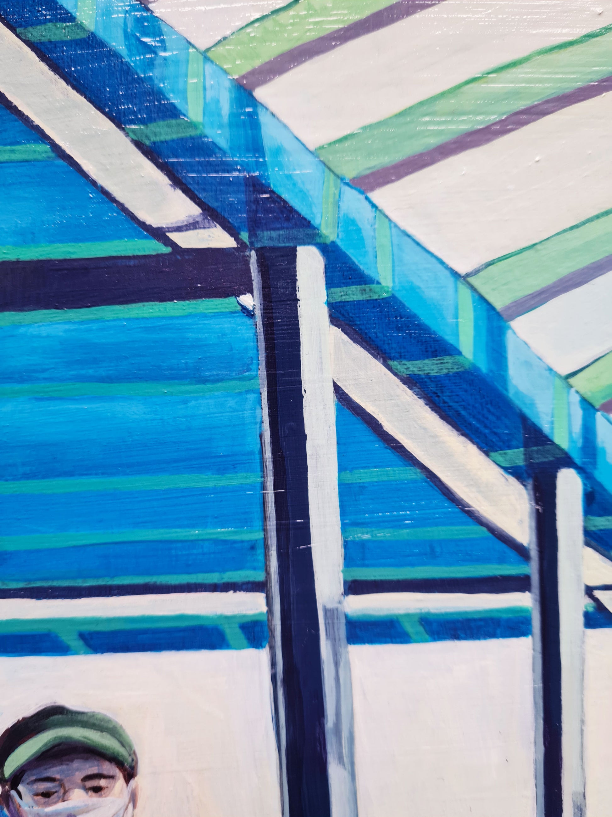 Auf der Rolltreppe – Acrylmalerei auf Holzpanel - Hermannstraße Geländer