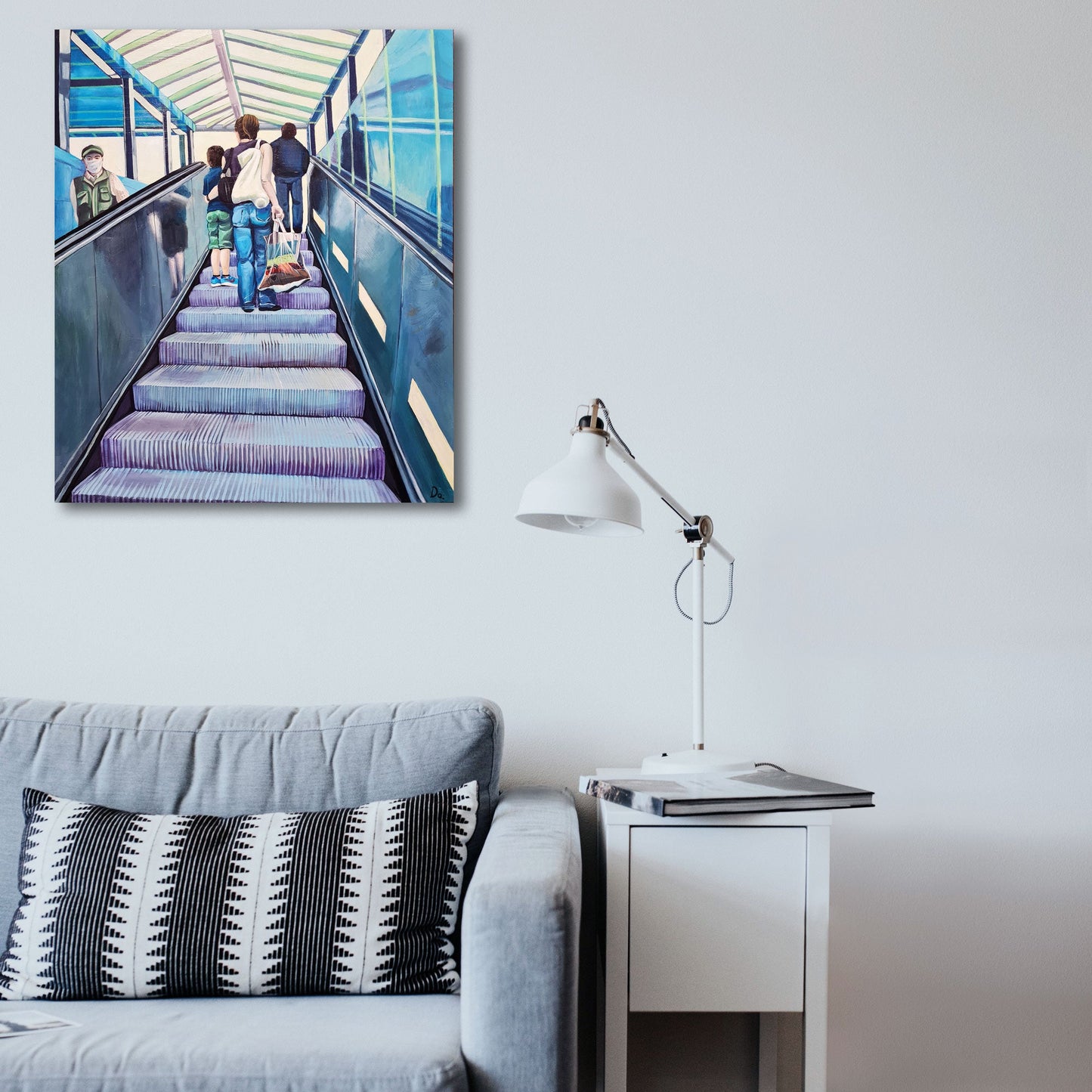 Auf der Rolltreppe – Acrylmalerei auf Holzpanel - Berliner Szene