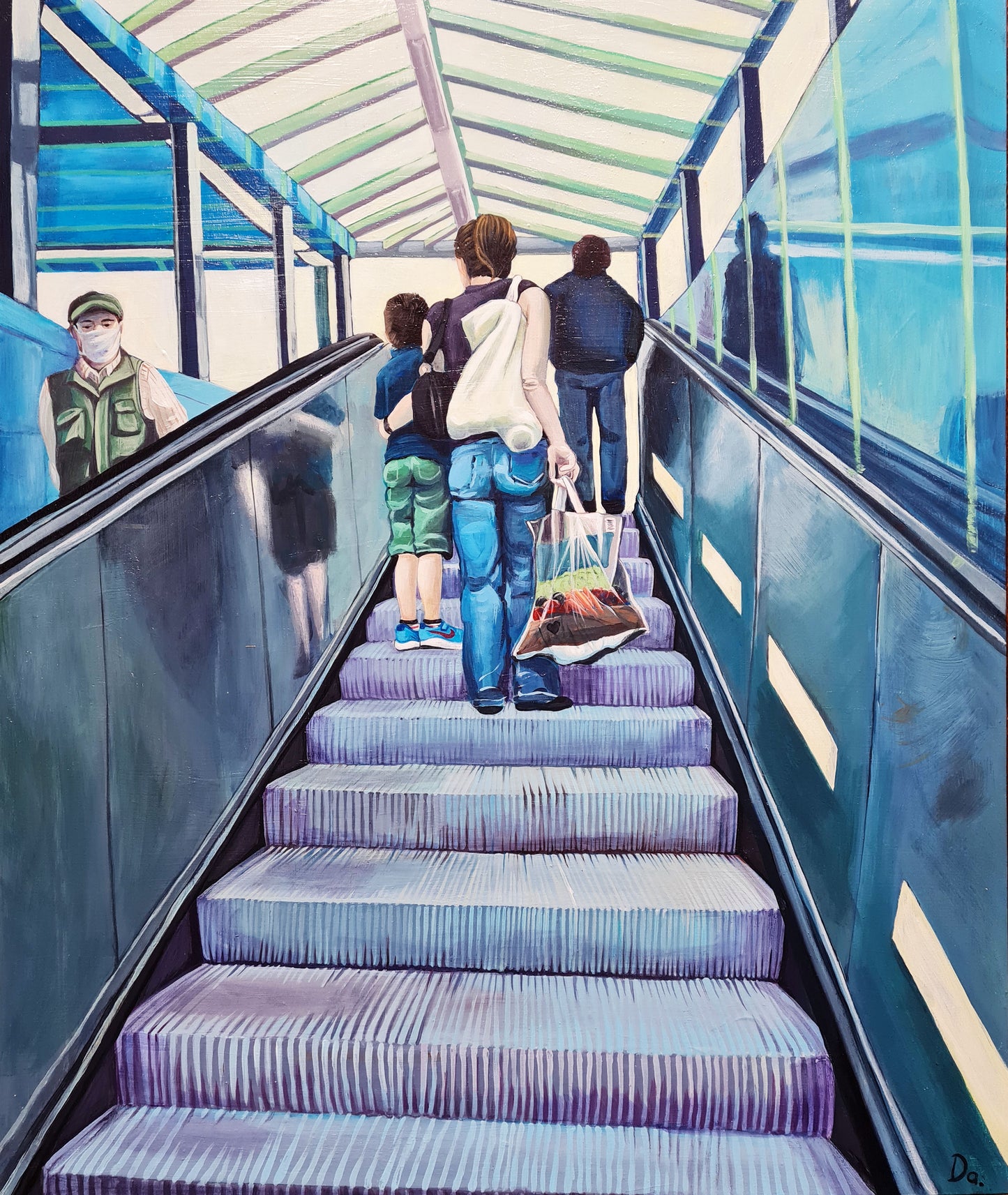 Auf der Rolltreppe – Acrylmalerei auf Holzpanel - Berliner Szene