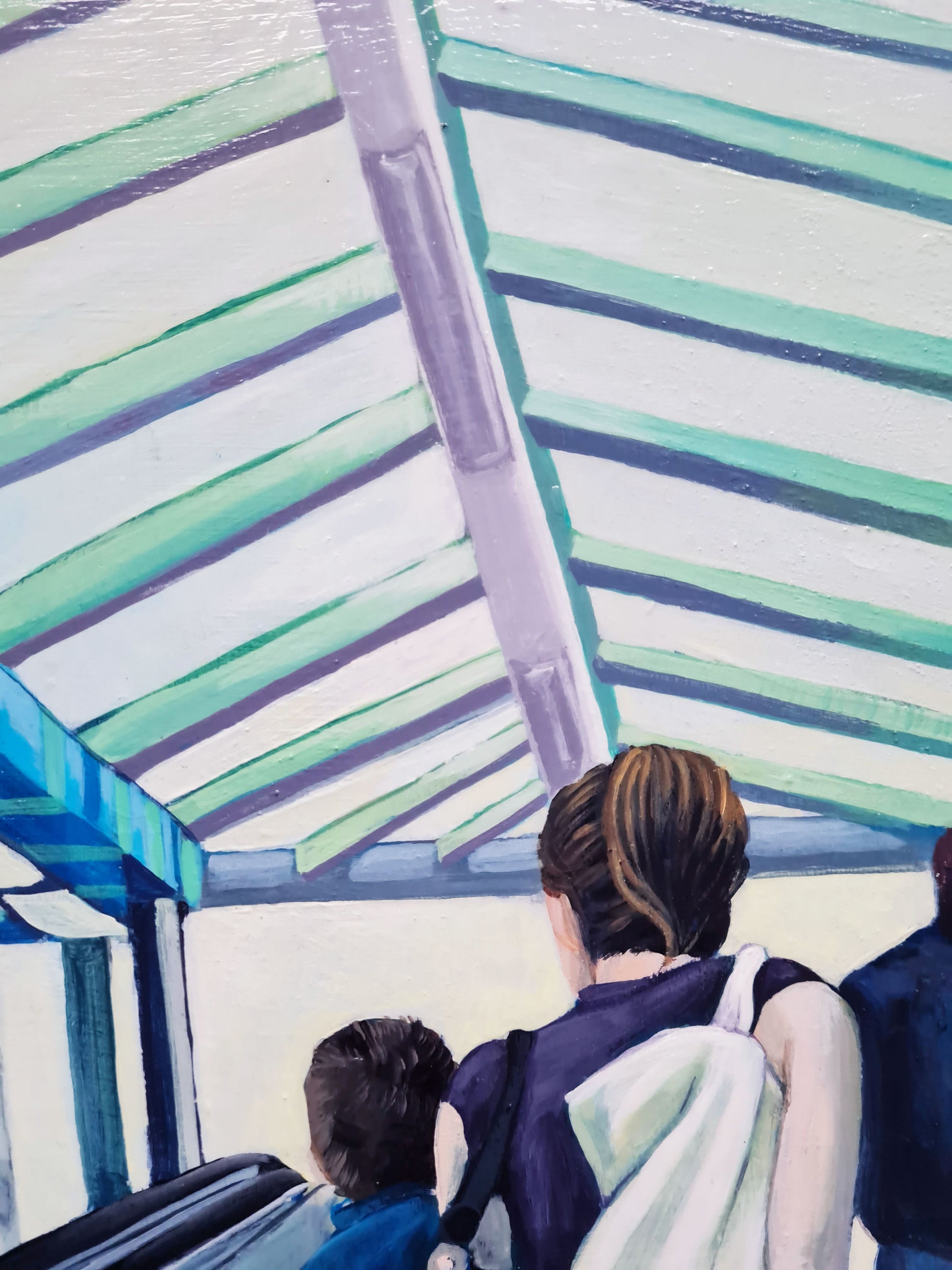 Auf der Rolltreppe – Acrylmalerei auf Holzpanel - Hermannstraße