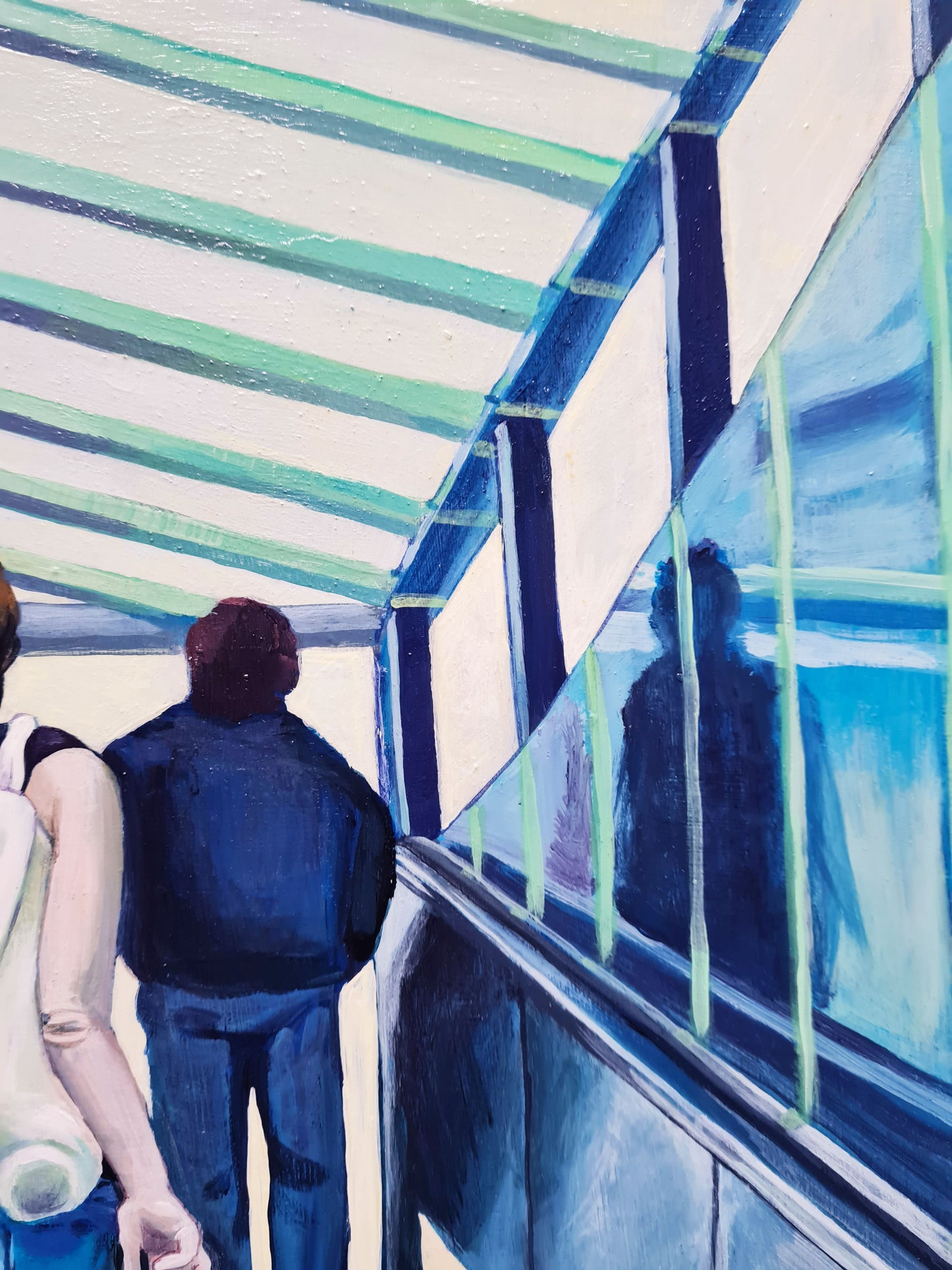 Auf der Rolltreppe – Acrylmalerei auf Holzpanel - Nahaufnahme Rolltreppe