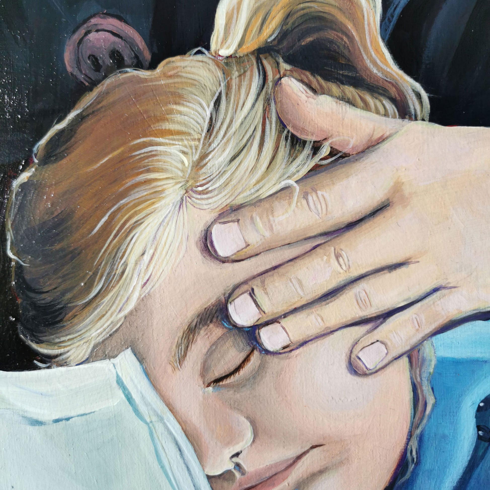 Mutter und Tochter – Acrylmalerei auf Holzpanel - S-Bahn Ausschnitt Hand der Mutter 