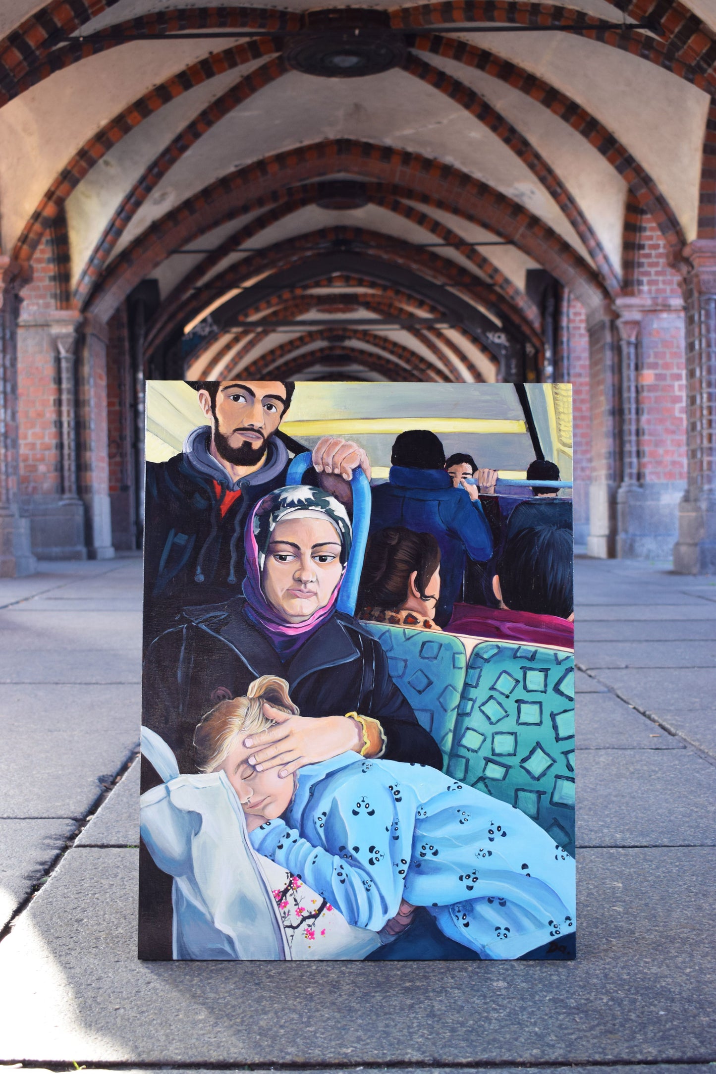 Mutter und Tochter – Acrylmalerei auf Holzpanel - Berliner Szene in der S-Bahn