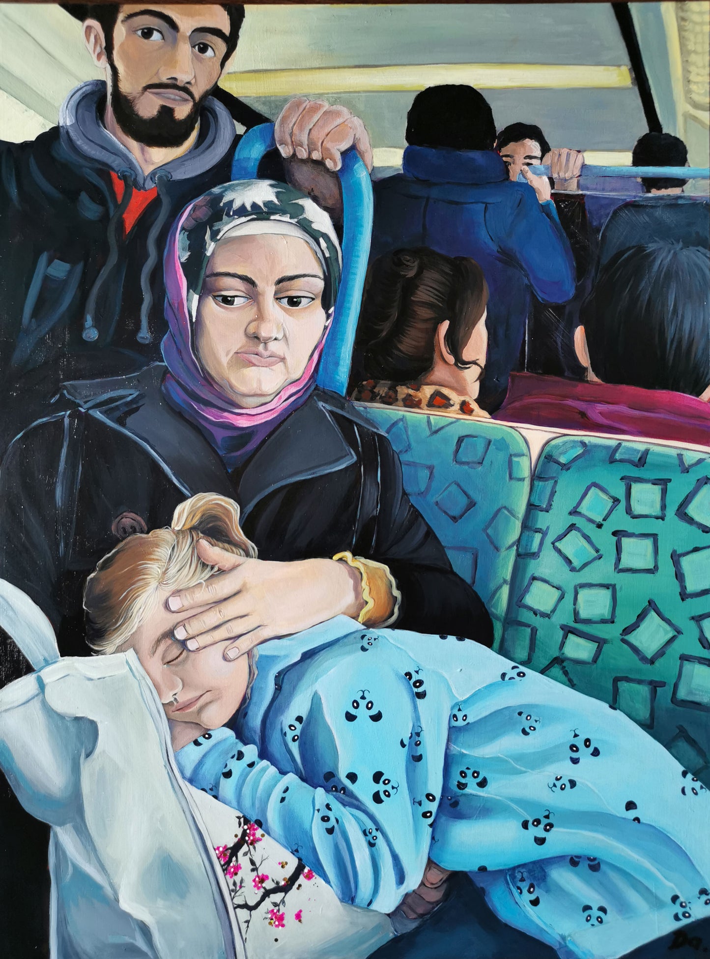 Mutter und Tochter – Acrylmalerei auf Holzpanel - Berliner Szene in der S-Bahn