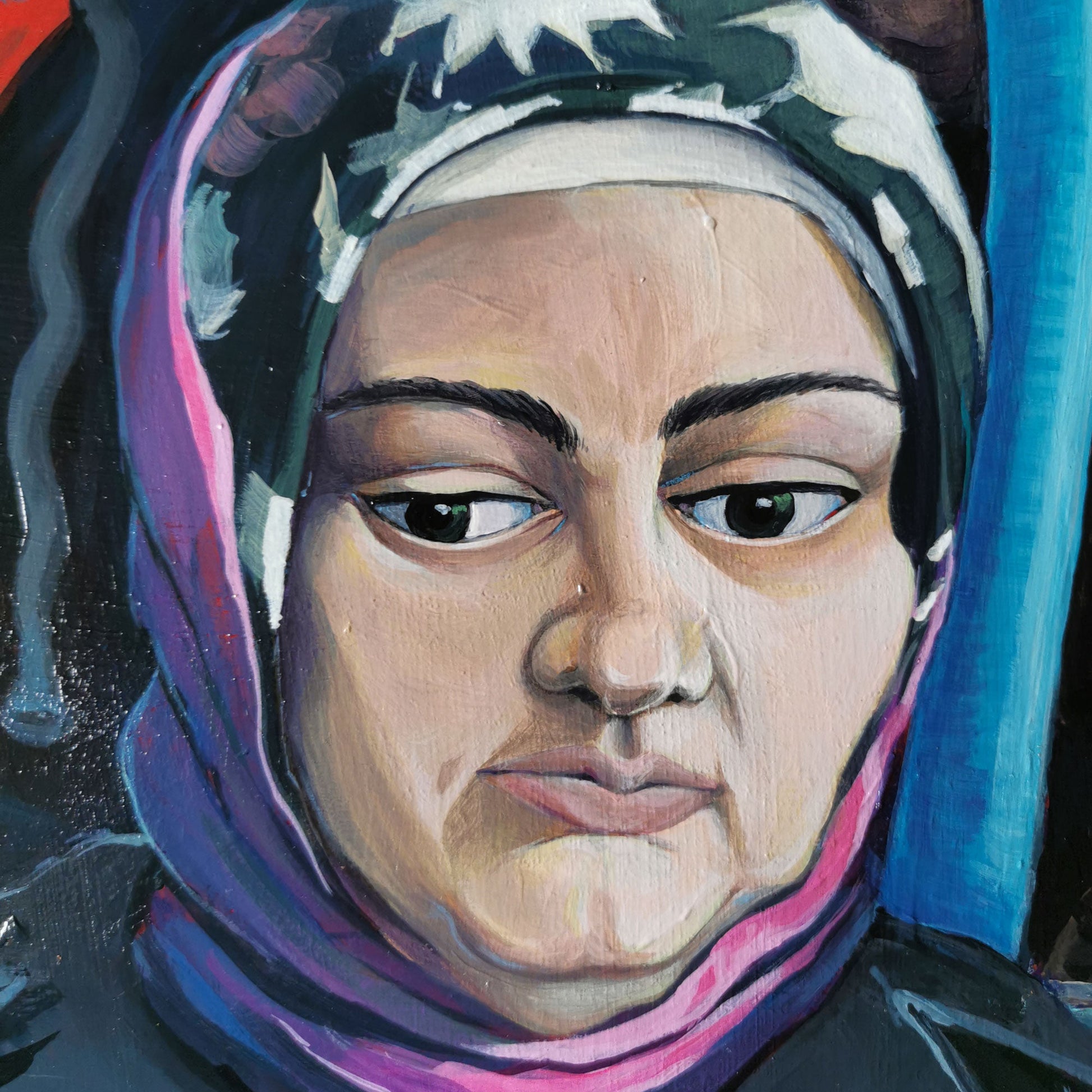 Mutter und Tochter – Acrylmalerei auf Holzpanel - Berliner Szene Frau mit Kopftuch