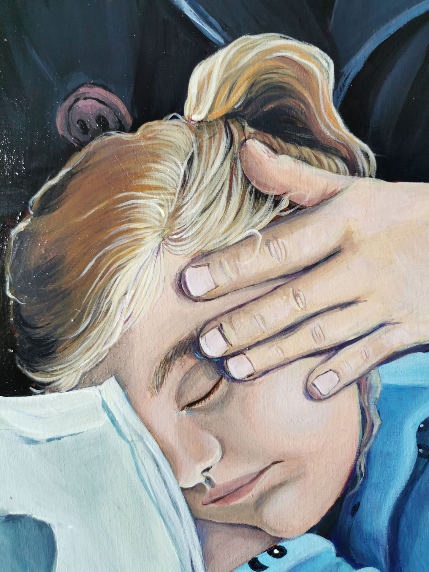 Mutter und Tochter – Acrylmalerei auf Holzpanel - Ausschnitt Kind auf dem Schoß der Mutter