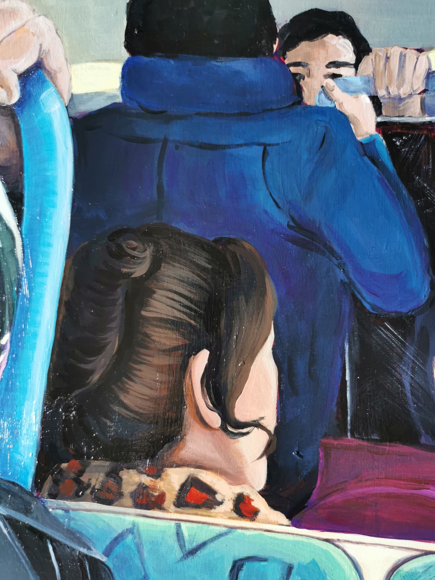 Mutter und Tochter – Acrylmalerei auf Holzpanel - Berliner Szene in der S-Bahn Hintergrund