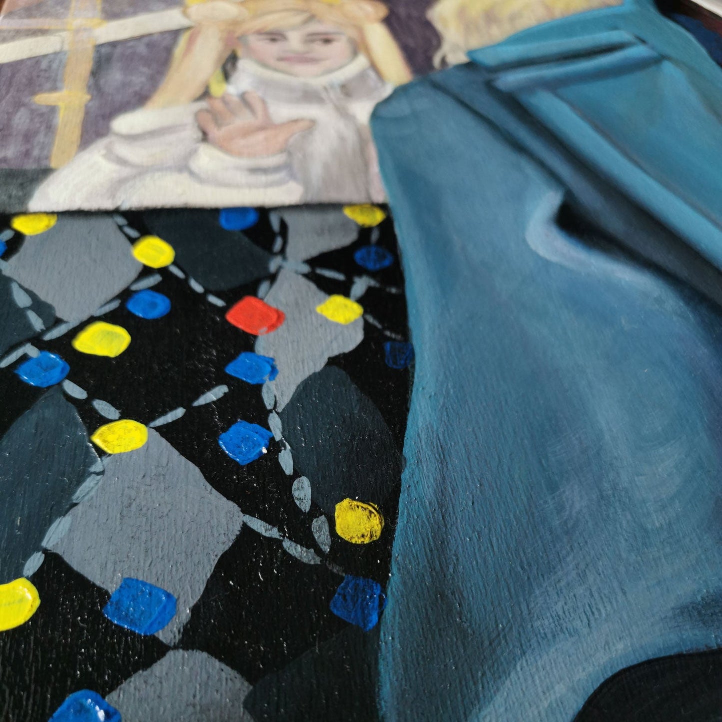 Die Frau in dem kurzen Rock mit Sailor Moon im Hintergrund | Impressionistisches Acrylgemälde | Berliner Szene