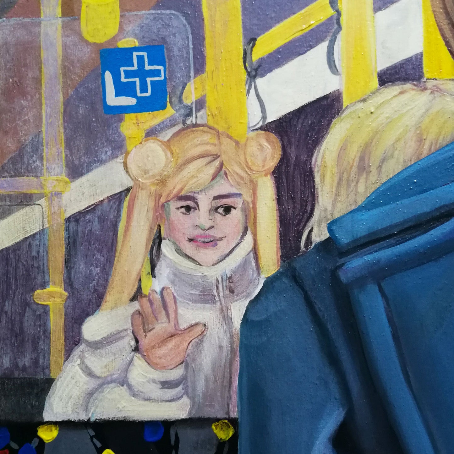 Die Frau in dem kurzen Rock mit Sailor Moon im Hintergrund | Impressionistisches Acrylgemälde | Berliner Szene