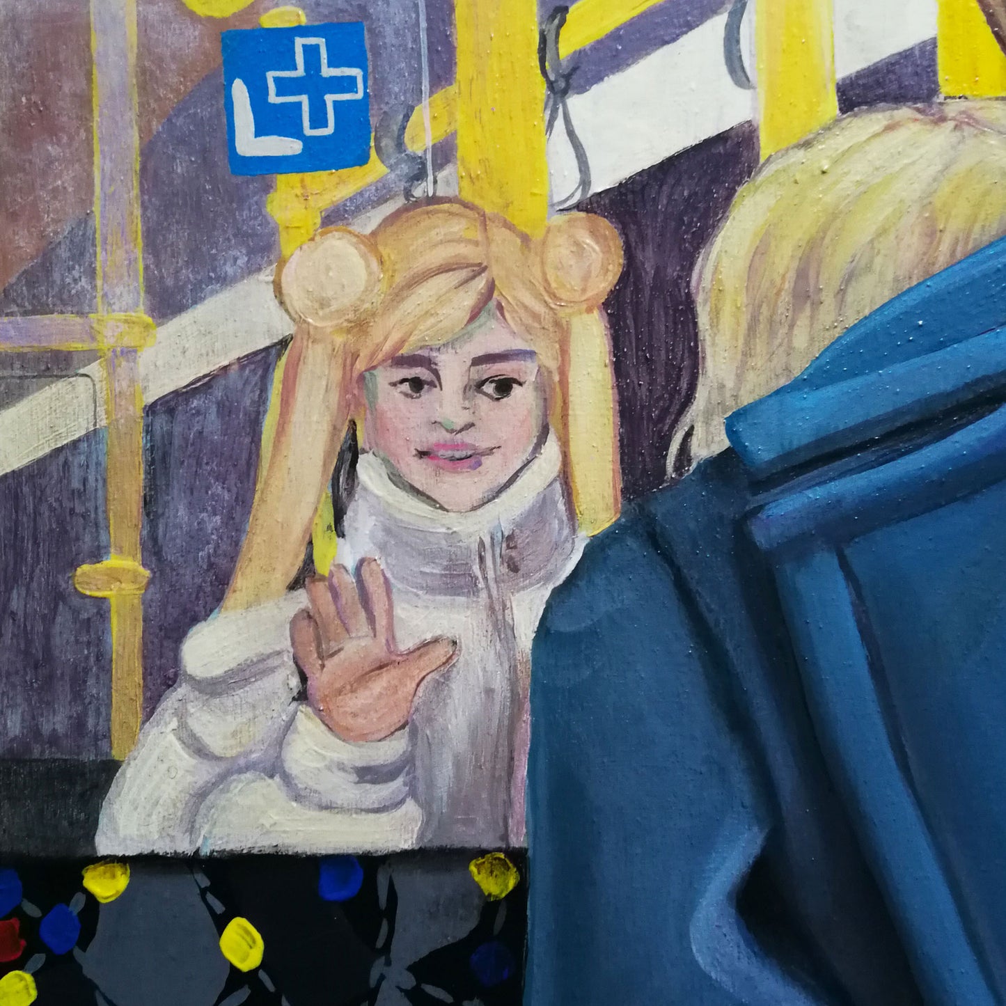 Die Frau in dem kurzen Rock mit Sailor Moon im Hintergrund | Impressionistisches Acrylgemälde | Berliner Szene