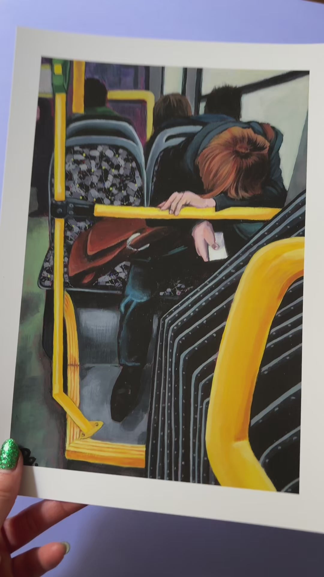 Kunstdruck einer Berliner Bus Szene aus dem Originalgemälde „Komfortabel sitzen“.
