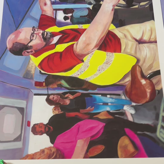 Kunstdruck einer Person mit gelber Warnweste in der Berliner S-Bahn.
_Video